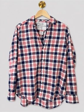 Frank & Eileen Eileen Pink Blue Plaid Button Front Shirt Relaxed Linen Blend